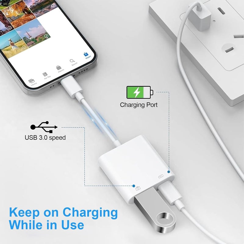 Denlane محول كاميرا Lightning إلى USB، [معتمد من Apple MFi] محول USB 3.0 أنثوي إلى iPhone iPad مع منفذ شحن، كابل محول OTG قابل للتوصيل والدخول يدعم قارئ البطاقات ومحركات الفلاش ولوحة المفاتيح - Image 4